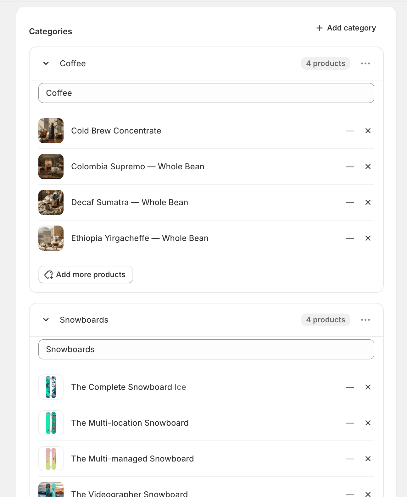 Assigning multiple categories and products in the Mix & Match editor