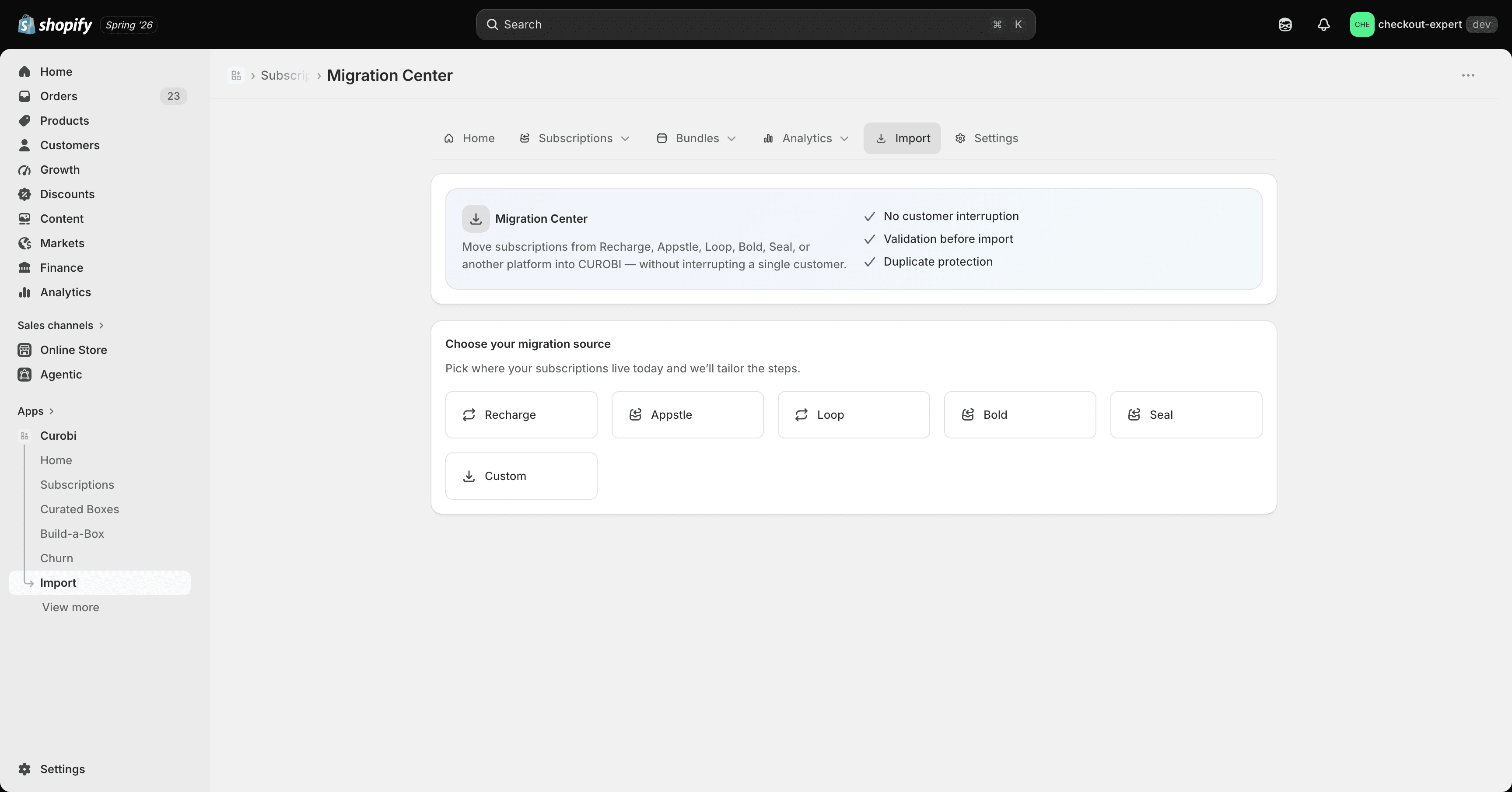 Choosing to import and migrate subscriptions