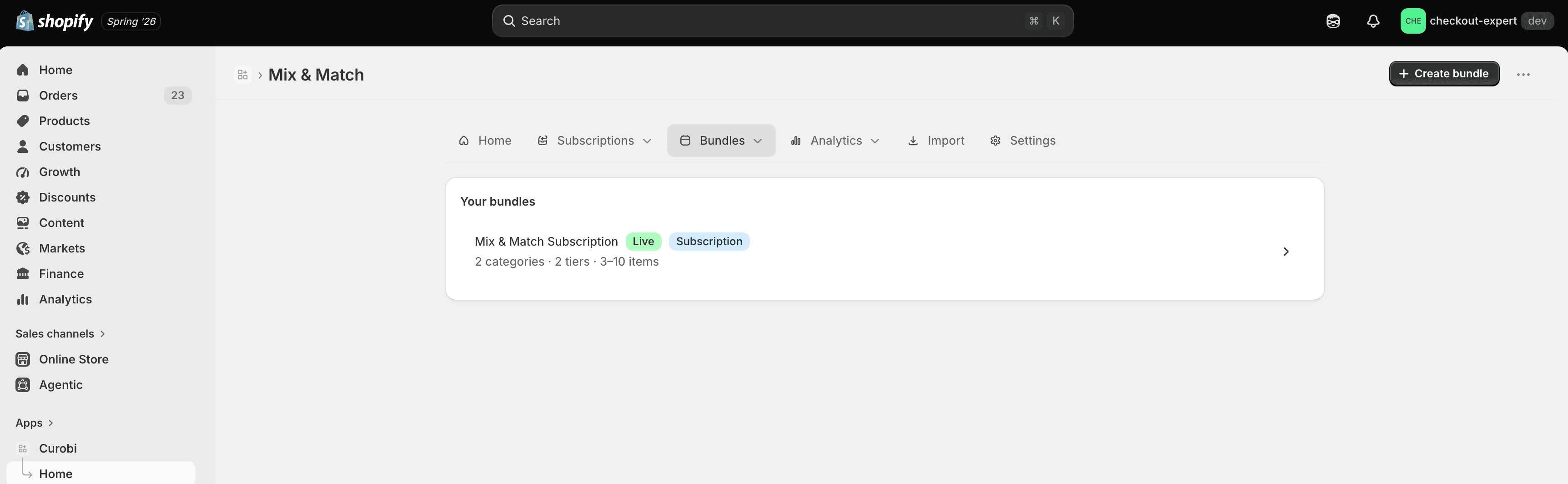 The Mix & Match dashboard listing bundles and their status