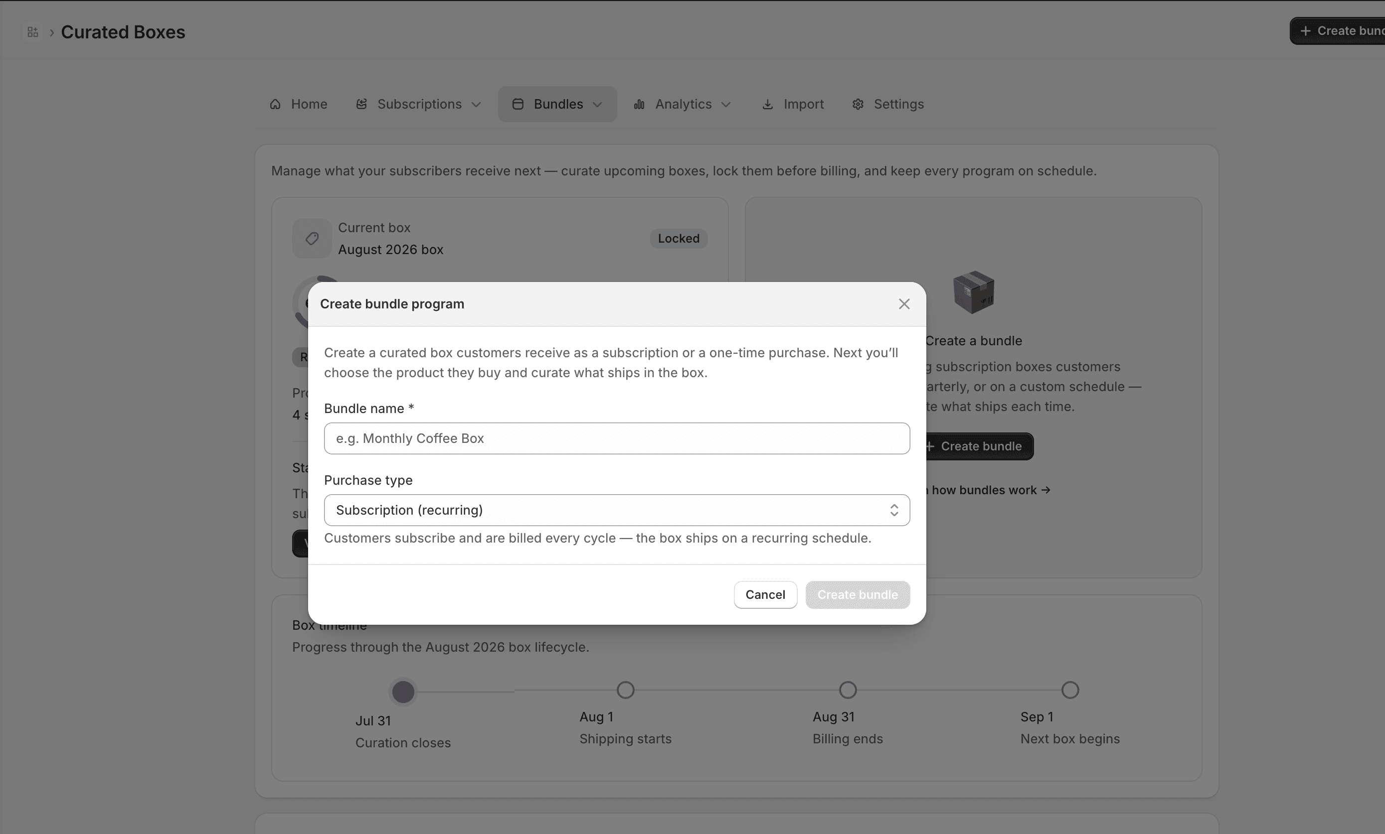 Step 1 of creating a curated box — naming the box and choosing the product