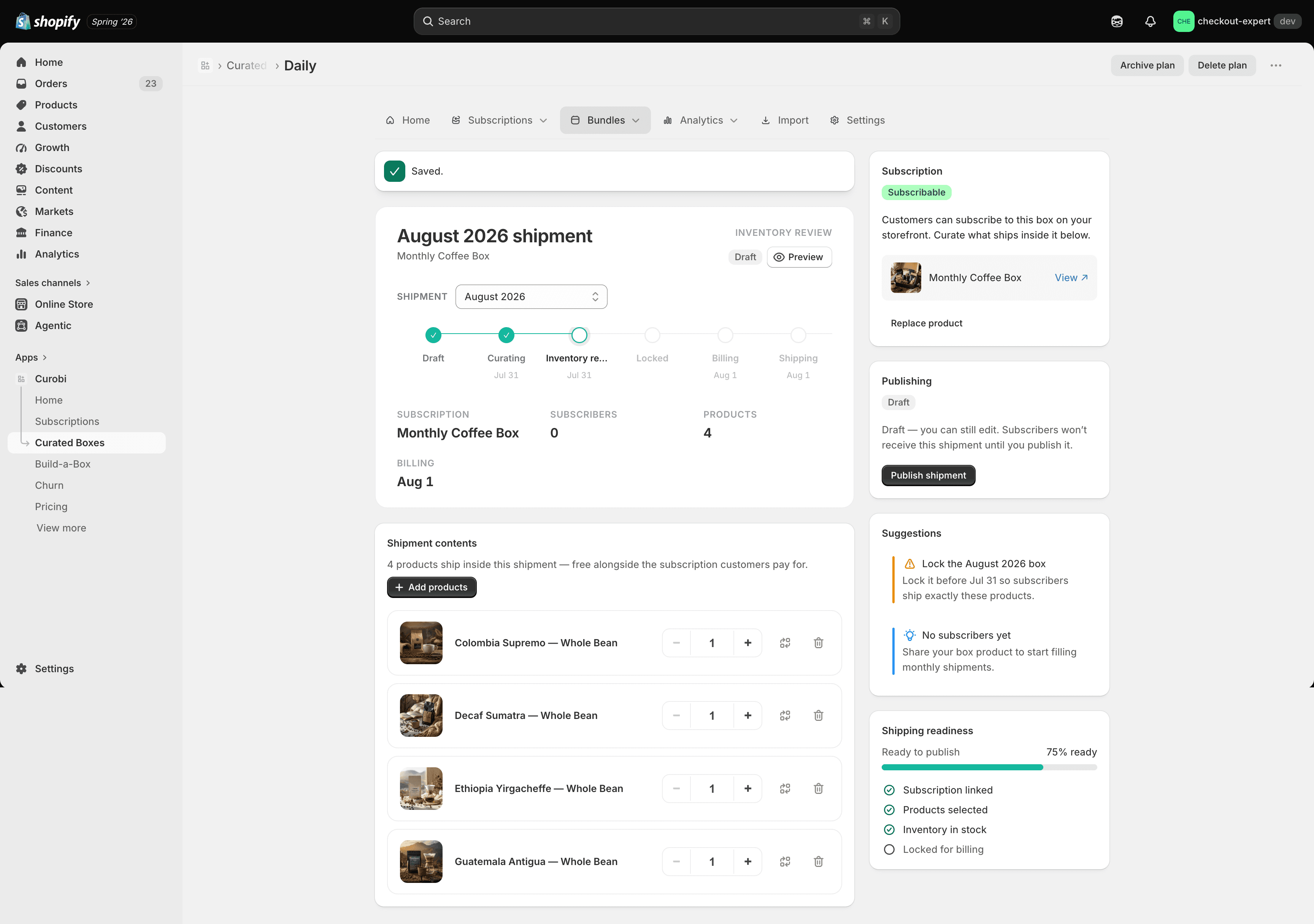 A newly created curated box in the Shipment Editor
