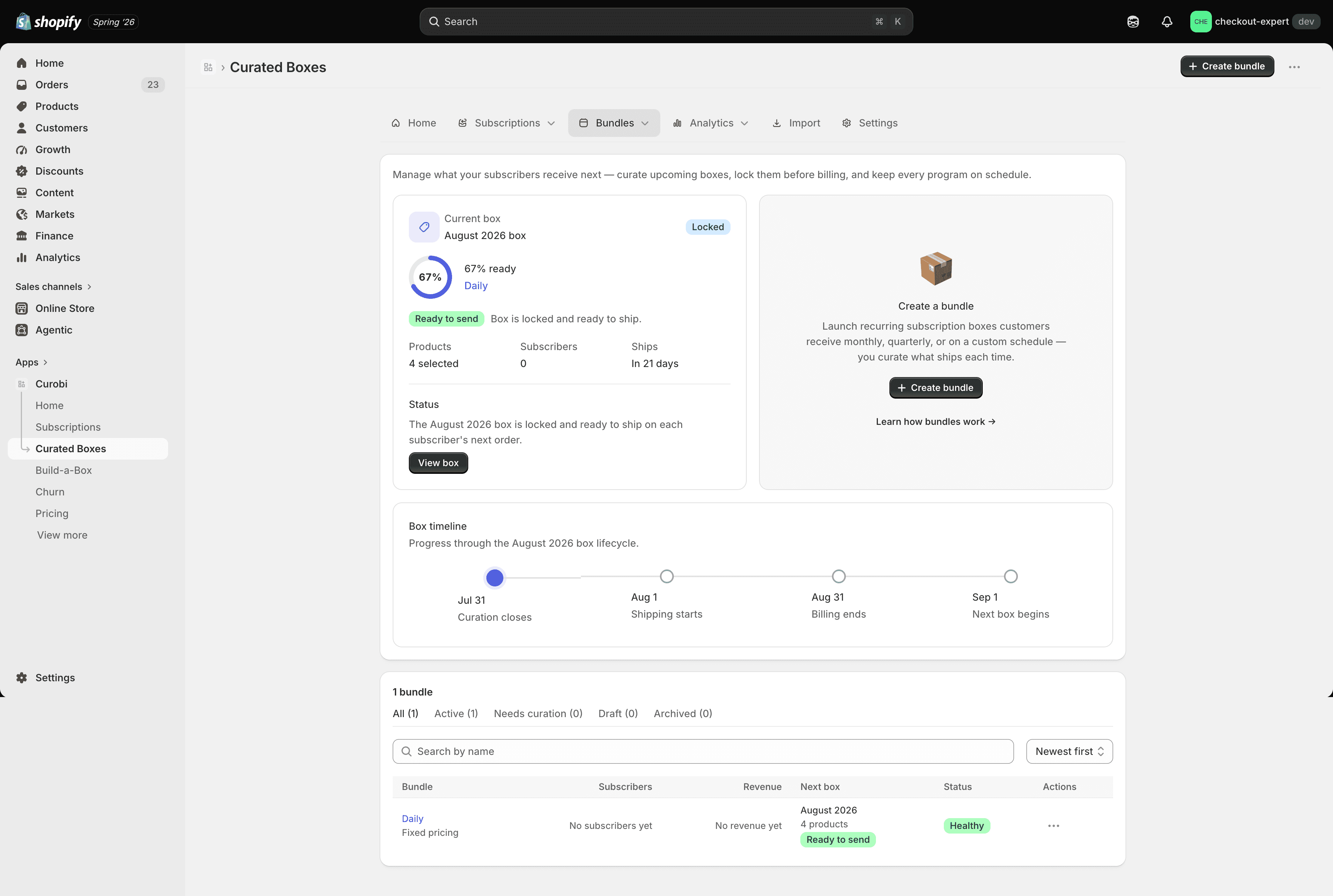 The Curated Boxes dashboard listing box programs and their status