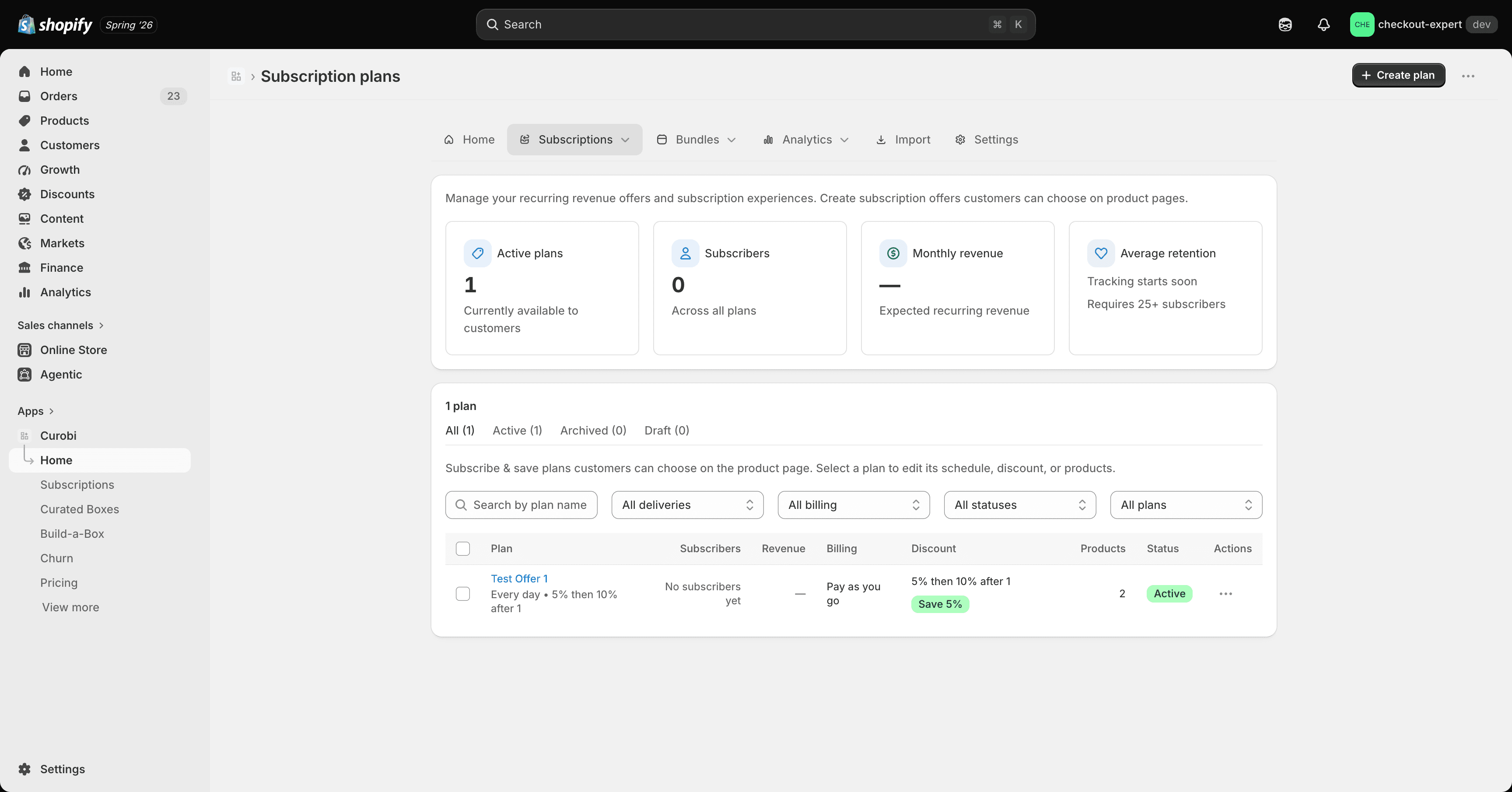 The subscription plans dashboard with the plans list