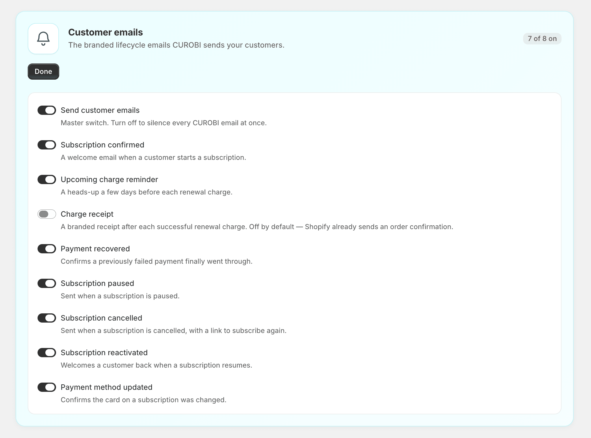 Toggling individual customer email types on or off