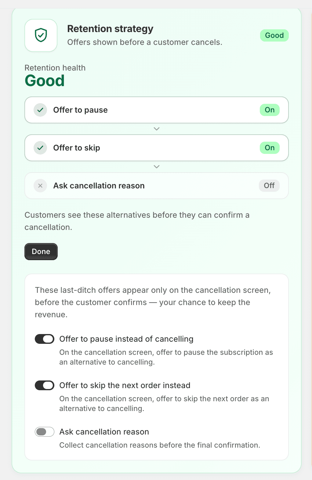 Editing the retention strategy and its offers