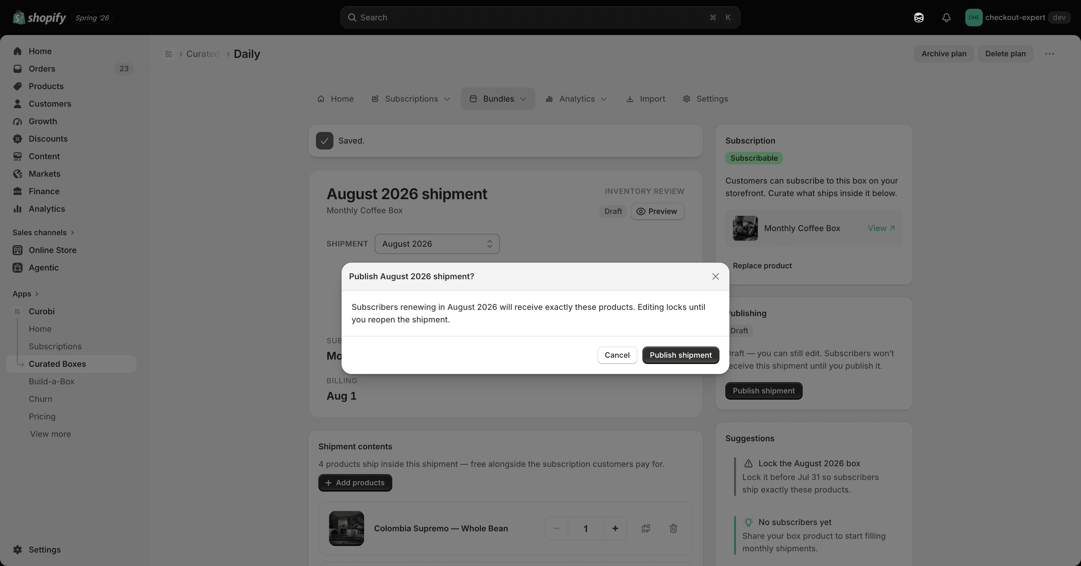Publishing a curated box shipment