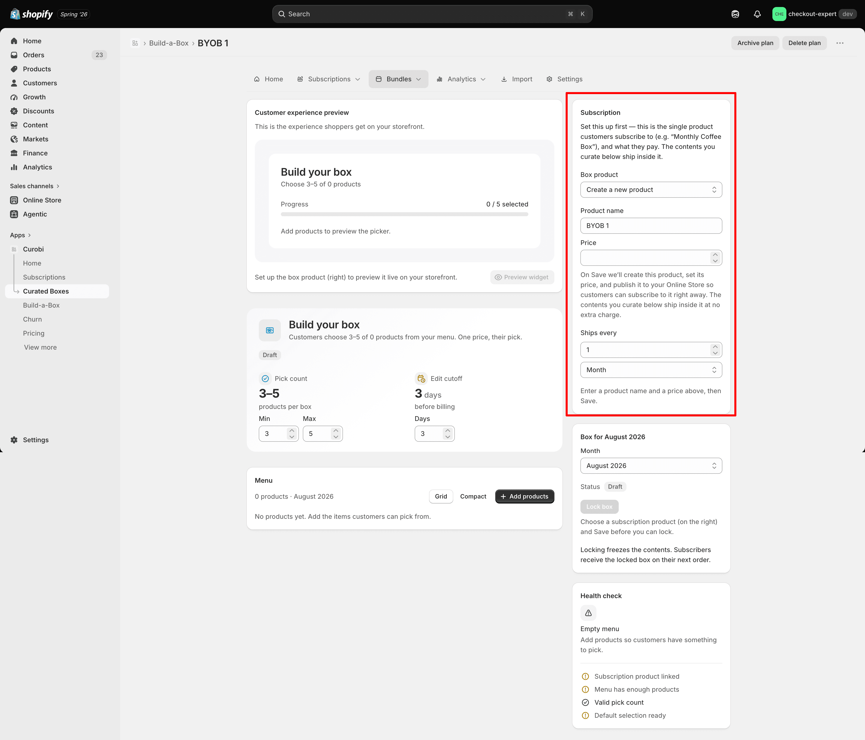 The section for selecting an existing product or creating a new one for the box